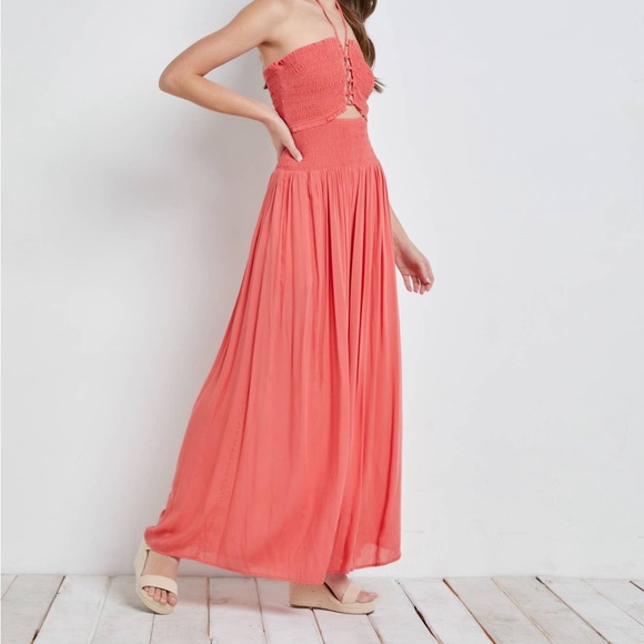 NWT Mustard seed Smocked Cutout Halter jumpsuit - Picture 2 of 5